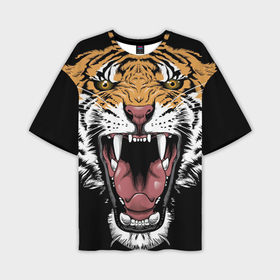 Мужская футболка OVERSIZE 3D с принтом Оскал амурского тигра в Новосибирске,  |  | 2022 | amur tiger | beast | merry christmas | new year | open mouth | predator | stern grin | year of the tiger | амурский тигр | год тигра | зверь | новый год | открытая пасть | суровый оскал | хищник