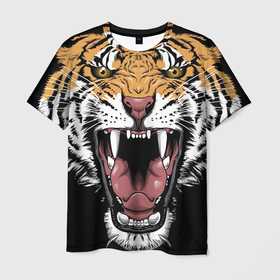 Мужская футболка 3D с принтом Оскал амурского тигра в Новосибирске, 100% полиэфир | прямой крой, круглый вырез горловины, длина до линии бедер | 2022 | amur tiger | beast | merry christmas | new year | open mouth | predator | stern grin | year of the tiger | амурский тигр | год тигра | зверь | новый год | открытая пасть | суровый оскал | хищник