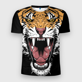 Мужская футболка 3D спортивная с принтом Оскал амурского тигра в Екатеринбурге, 100% полиэстер с улучшенными характеристиками | приталенный силуэт, круглая горловина, широкие плечи, сужается к линии бедра | 2022 | amur tiger | beast | merry christmas | new year | open mouth | predator | stern grin | year of the tiger | амурский тигр | год тигра | зверь | новый год | открытая пасть | суровый оскал | хищник