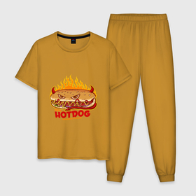Мужская пижама хлопок с принтом Дьявольский хотдог в Петрозаводске, 100% хлопок | брюки и футболка прямого кроя, без карманов, на брюках мягкая резинка на поясе и по низу штанин
 | арт | дьявол | иллюстрация | сендвич | сосиска | хотдог
