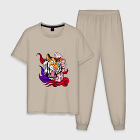 Мужская пижама хлопок с принтом Тигриный стиль в Тюмени, 100% хлопок | брюки и футболка прямого кроя, без карманов, на брюках мягкая резинка на поясе и по низу штанин
 | Тематика изображения на принте: colorful | арт | иллюстрация | тигр | тигренок
