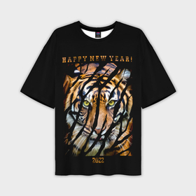Мужская футболка OVERSIZE 3D с принтом Happy New Year 2022 ,  |  | 2022 | amur tiger | beast | happy new year | merry christmas | new year | predator | stern look | year of the tiger | амурский тигр | год тигра | зверь | новый год | суровый взгляд | хищник