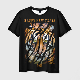 Мужская футболка 3D с принтом Happy New Year 2022 , 100% полиэфир | прямой крой, круглый вырез горловины, длина до линии бедер | 2022 | amur tiger | beast | happy new year | merry christmas | new year | predator | stern look | year of the tiger | амурский тигр | год тигра | зверь | новый год | суровый взгляд | хищник