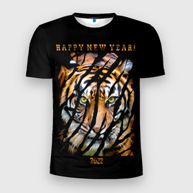 Мужская футболка 3D спортивная с принтом Happy New Year 2022 , 100% полиэстер с улучшенными характеристиками | приталенный силуэт, круглая горловина, широкие плечи, сужается к линии бедра | Тематика изображения на принте: 2022 | amur tiger | beast | happy new year | merry christmas | new year | predator | stern look | year of the tiger | амурский тигр | год тигра | зверь | новый год | суровый взгляд | хищник