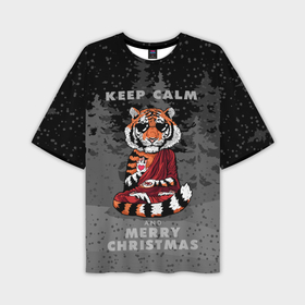 Мужская футболка OVERSIZE 3D с принтом Keep calm and Merry Christmas ,  |  | 2022 | beast | buddhist | heart | keep calm and merry christmas | meditation | new year | spruce forest | tiger | year of the tiger | буддист | год тигра | ельник | зверь | медитация | новый год | сердце | тигр | черные очки