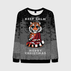 Мужской свитшот 3D с принтом Keep calm and Merry Christmas в Петрозаводске, 100% полиэстер с мягким внутренним слоем | круглый вырез горловины, мягкая резинка на манжетах и поясе, свободная посадка по фигуре | 2022 | beast | buddhist | heart | keep calm and merry christmas | meditation | new year | spruce forest | tiger | year of the tiger | буддист | год тигра | ельник | зверь | медитация | новый год | сердце | тигр | черные очки