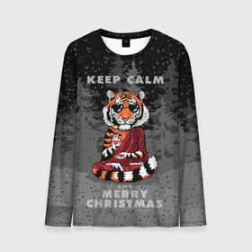 Мужской лонгслив 3D с принтом Keep calm and Merry Christmas , 100% полиэстер | длинные рукава, круглый вырез горловины, полуприлегающий силуэт | 2022 | beast | buddhist | heart | keep calm and merry christmas | meditation | new year | spruce forest | tiger | year of the tiger | буддист | год тигра | ельник | зверь | медитация | новый год | сердце | тигр | черные очки