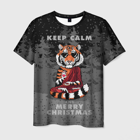 Мужская футболка 3D с принтом Keep calm and Merry Christmas в Тюмени, 100% полиэфир | прямой крой, круглый вырез горловины, длина до линии бедер | 2022 | beast | buddhist | heart | keep calm and merry christmas | meditation | new year | spruce forest | tiger | year of the tiger | буддист | год тигра | ельник | зверь | медитация | новый год | сердце | тигр | черные очки
