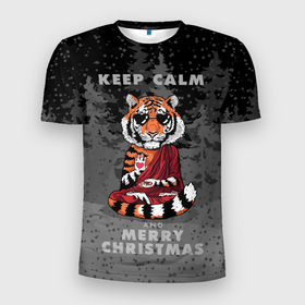 Мужская футболка 3D спортивная с принтом Keep calm and Merry Christmas в Санкт-Петербурге, 100% полиэстер с улучшенными характеристиками | приталенный силуэт, круглая горловина, широкие плечи, сужается к линии бедра | 2022 | beast | buddhist | heart | keep calm and merry christmas | meditation | new year | spruce forest | tiger | year of the tiger | буддист | год тигра | ельник | зверь | медитация | новый год | сердце | тигр | черные очки