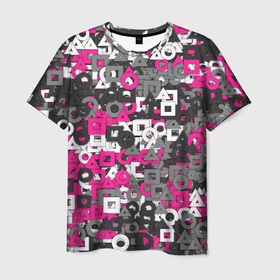 Мужская футболка 3D с принтом Squid Game Camo в Кировске, 100% полиэфир | прямой крой, круглый вырез горловины, длина до линии бедер | Тематика изображения на принте: squid game | геометрия | игра в кальмара | кауфляж | милитари | паттерн | розовый | фигуры