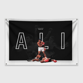 Флаг-баннер с принтом Али над соперником , 100% полиэстер | размер 67 х 109 см, плотность ткани — 95 г/м2; по краям флага есть четыре люверса для крепления | box | muhammad ali | sport | sports | sportsmen | бокс | легенда | мухаммад али | мухаммед | спорт | спортсмен