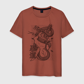 Мужская футболка хлопок с принтом Ниндо в Рязани, 100% хлопок | прямой крой, круглый вырез горловины, длина до линии бедер, слегка спущенное плечо. | змея | иероглиф | кинжал | путь ниндзя | танто