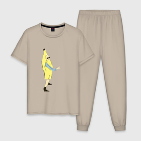 Мужская пижама хлопок с принтом Бананчик в Новосибирске, 100% хлопок | брюки и футболка прямого кроя, без карманов, на брюках мягкая резинка на поясе и по низу штанин
 | Тематика изображения на принте: banan | банан | костюм банана | цветные зарисовки | человек в банане