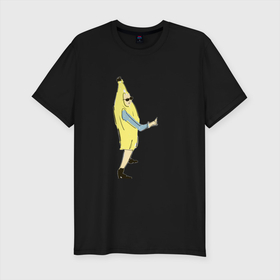 Мужская футболка хлопок Slim с принтом Бананчик в Тюмени, 92% хлопок, 8% лайкра | приталенный силуэт, круглый вырез ворота, длина до линии бедра, короткий рукав | banan | банан | костюм банана | цветные зарисовки | человек в банане