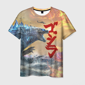Мужская футболка 3D с принтом ГОДЗИЛЛА АТАКУЕТ в Курске, 100% полиэфир | прямой крой, круглый вырез горловины, длина до линии бедер | comic con | godzilla | gojira | japan | logo | годзилла | знаки | иероглифы | лого | монстр | фильм | чудовище | япония