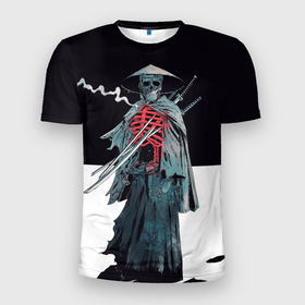Мужская футболка 3D Slim с принтом Скелет Самурай с трубкой на черно белом фоне в Екатеринбурге, 100% полиэстер с улучшенными характеристиками | приталенный силуэт, круглая горловина, широкие плечи, сужается к линии бедра | Тематика изображения на принте: catana | ninja | samurai | skillet | sword | катана | киберпанк | маска самурая | меч | пират | путь война | самурай | сёгун | семь самураев | скелет | скилет | токио | чёрный самурай | японский самурай