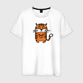 Мужская футболка хлопок с принтом Тигр, который сердит в Кировске, 100% хлопок | прямой крой, круглый вырез горловины, длина до линии бедер, слегка спущенное плечо. | Тематика изображения на принте: большая кошка | год тигра | зверь | иллюстрация | кошачьи | персонаж | сердитый | тигр | тигренок | тигрица | тигры