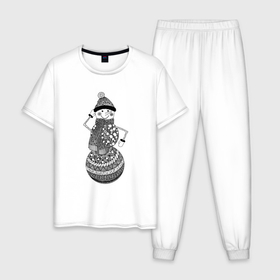 Мужская пижама хлопок с принтом Графический снеговик в Тюмени, 100% хлопок | брюки и футболка прямого кроя, без карманов, на брюках мягкая резинка на поясе и по низу штанин
 | графика | зима | новый год | снег | снеговик | чёрно белый