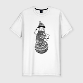 Мужская футболка хлопок Slim с принтом Графический снеговик , 92% хлопок, 8% лайкра | приталенный силуэт, круглый вырез ворота, длина до линии бедра, короткий рукав | Тематика изображения на принте: графика | зима | новый год | снег | снеговик | чёрно белый