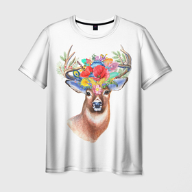 Мужская футболка 3D с принтом Олень Полевой цветок , 100% полиэфир | прямой крой, круглый вырез горловины, длина до линии бедер | аниме | животные | лес | олень | охота | полевой | природа | рог | рога | рыбалка | цветок | цветы