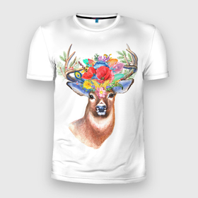 Мужская футболка 3D Slim с принтом Олень Полевой цветок , 100% полиэстер с улучшенными характеристиками | приталенный силуэт, круглая горловина, широкие плечи, сужается к линии бедра | аниме | животные | лес | олень | охота | полевой | природа | рог | рога | рыбалка | цветок | цветы