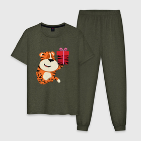 Мужская пижама хлопок с принтом Тигренок с подарком к Новому Году в Курске, 100% хлопок | брюки и футболка прямого кроя, без карманов, на брюках мягкая резинка на поясе и по низу штанин
 | Тематика изображения на принте: 2022 | год тигра | новый год | новый год 2022 | символ года | тигр | тигренок | тигрица | тигры
