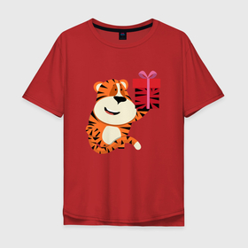 Мужская футболка хлопок Oversize с принтом Тигренок с подарком к Новому Году в Курске, 100% хлопок | свободный крой, круглый ворот, “спинка” длиннее передней части | Тематика изображения на принте: 2022 | год тигра | новый год | новый год 2022 | символ года | тигр | тигренок | тигрица | тигры