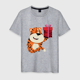 Мужская футболка хлопок с принтом Тигренок с подарком к Новому Году в Курске, 100% хлопок | прямой крой, круглый вырез горловины, длина до линии бедер, слегка спущенное плечо. | 2022 | год тигра | новый год | новый год 2022 | символ года | тигр | тигренок | тигрица | тигры