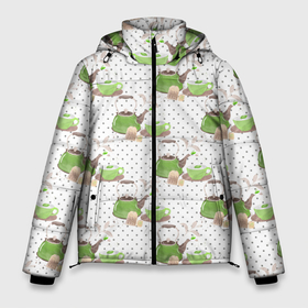 Мужская зимняя куртка 3D с принтом Зеленый чай в Новосибирске, верх — 100% полиэстер; подкладка — 100% полиэстер; утеплитель — 100% полиэстер | длина ниже бедра, свободный силуэт Оверсайз. Есть воротник-стойка, отстегивающийся капюшон и ветрозащитная планка. 

Боковые карманы с листочкой на кнопках и внутренний карман на молнии. | Тематика изображения на принте: заварка | зеленый чай | чаепитие | чай | чайник