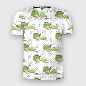 Мужская футболка 3D Slim с принтом Зеленый чай в Тюмени, 100% полиэстер с улучшенными характеристиками | приталенный силуэт, круглая горловина, широкие плечи, сужается к линии бедра | заварка | зеленый чай | чаепитие | чай | чайник