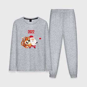 Мужская пижама хлопок (с лонгсливом) с принтом Санта и тигренок делают сэлфи в Петрозаводске,  |  | 2022 | год тигра | новый год | новый год 2022 | символ года | тигр | тигренок | тигрица | тигры