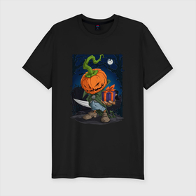 Мужская футболка хлопок Slim с принтом Жуткий подарок в Петрозаводске, 92% хлопок, 8% лайкра | приталенный силуэт, круглый вырез ворота, длина до линии бедра, короткий рукав | halloween | арт | графика | мистика | праздник | тыква | ужасы | хэллоуин