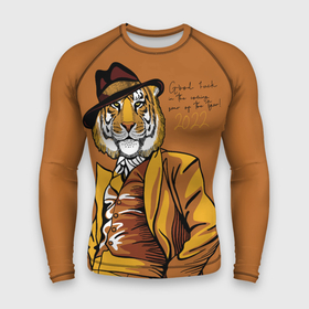 Мужской рашгард 3D с принтом Good luck in the coming year of the Tiger ,  |  | 2022 | gentleman | happy new year | hat | imposing | look | merry christmas | orange suit | predator | tiger | взгляд | год тигра | джентльмен | новый год | оранжевый костюм | рождество | тигр | хищник | шляпа