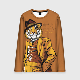 Мужской лонгслив 3D с принтом Good luck in the coming year of the Tiger , 100% полиэстер | длинные рукава, круглый вырез горловины, полуприлегающий силуэт | 2022 | gentleman | happy new year | hat | imposing | look | merry christmas | orange suit | predator | tiger | взгляд | год тигра | джентльмен | новый год | оранжевый костюм | рождество | тигр | хищник | шляпа