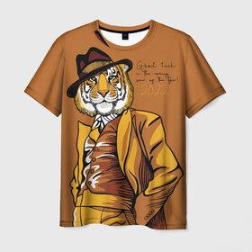 Мужская футболка 3D с принтом Good luck in the coming year of the Tiger , 100% полиэфир | прямой крой, круглый вырез горловины, длина до линии бедер | 2022 | gentleman | happy new year | hat | imposing | look | merry christmas | orange suit | predator | tiger | взгляд | год тигра | джентльмен | новый год | оранжевый костюм | рождество | тигр | хищник | шляпа