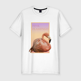 Мужская футболка хлопок Slim с принтом Розовый фламинго в рамке , 92% хлопок, 8% лайкра | приталенный силуэт, круглый вырез ворота, длина до линии бедра, короткий рукав | flamingo | градиент | животные | надпись | птица | рамка | розовый | фламинго