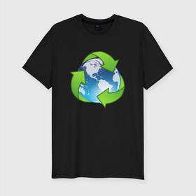 Мужская футболка хлопок Slim с принтом Земля Экология , 92% хлопок, 8% лайкра | приталенный силуэт, круглый вырез ворота, длина до линии бедра, короткий рукав | Тематика изображения на принте: земля | круговорот | переработка | планета | природа | стрелки | экология