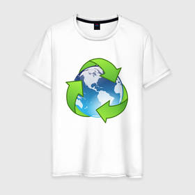 Мужская футболка хлопок с принтом Земля Экология в Белгороде, 100% хлопок | прямой крой, круглый вырез горловины, длина до линии бедер, слегка спущенное плечо. | Тематика изображения на принте: земля | круговорот | переработка | планета | природа | стрелки | экология