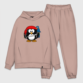 Мужской костюм хлопок OVERSIZE с принтом Пингвин пират ,  |  | linux | иллюстрация | линукс | пингвин | пират | попугай | птица | рисунок