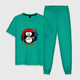 Мужская пижама хлопок с принтом Пингвин пират в Кировске, 100% хлопок | брюки и футболка прямого кроя, без карманов, на брюках мягкая резинка на поясе и по низу штанин
 | Тематика изображения на принте: linux | иллюстрация | линукс | пингвин | пират | попугай | птица | рисунок