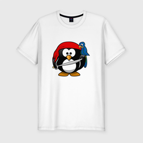 Мужская футболка хлопок Slim с принтом Пингвин пират в Петрозаводске, 92% хлопок, 8% лайкра | приталенный силуэт, круглый вырез ворота, длина до линии бедра, короткий рукав | linux | иллюстрация | линукс | пингвин | пират | попугай | птица | рисунок