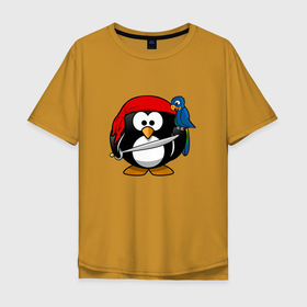 Мужская футболка хлопок Oversize с принтом Пингвин пират в Курске, 100% хлопок | свободный крой, круглый ворот, “спинка” длиннее передней части | linux | иллюстрация | линукс | пингвин | пират | попугай | птица | рисунок