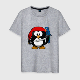 Мужская футболка хлопок с принтом Пингвин пират в Екатеринбурге, 100% хлопок | прямой крой, круглый вырез горловины, длина до линии бедер, слегка спущенное плечо. | linux | иллюстрация | линукс | пингвин | пират | попугай | птица | рисунок