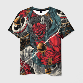 Мужская футболка 3D с принтом БОГ ГРОМА РАЙДЗИН в Белгороде, 100% полиэфир | прямой крой, круглый вырез горловины, длина до линии бедер | demon | evil | god | japan | raijin | red | samurai | бог | буддизм | восток | гроза | гром | демон | дьявол | зло | красный | молния | райдзин | самурай | япония