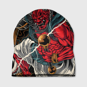 Шапка 3D с принтом БОГ ГРОМА РАЙДЗИН , 100% полиэстер | универсальный размер, печать по всей поверхности изделия | demon | evil | god | japan | raijin | red | samurai | бог | буддизм | восток | гроза | гром | демон | дьявол | зло | красный | молния | райдзин | самурай | япония