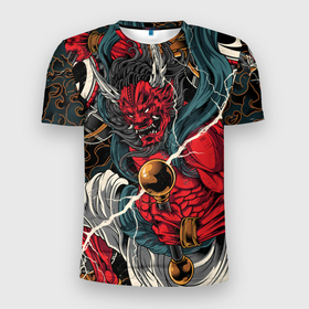 Мужская футболка 3D Slim с принтом БОГ ГРОМА РАЙДЗИН в Тюмени, 100% полиэстер с улучшенными характеристиками | приталенный силуэт, круглая горловина, широкие плечи, сужается к линии бедра | Тематика изображения на принте: demon | evil | god | japan | raijin | red | samurai | бог | буддизм | восток | гроза | гром | демон | дьявол | зло | красный | молния | райдзин | самурай | япония