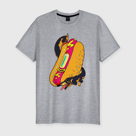 Мужская футболка хлопок Slim с принтом HotDog в Тюмени, 92% хлопок, 8% лайкра | приталенный силуэт, круглый вырез ворота, длина до линии бедра, короткий рукав | dog | fast food | food | hot dog | sausage | street food | taxa | бутерброд | еда | собака | сосиска | такса | уличная еда | фест фуд | хот дог