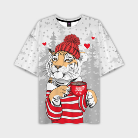 Мужская футболка OVERSIZE 3D с принтом Тигр с чашкой кофе в Новосибирске,  |  | 2022 | a cup of coffee | fir forest | happy new year | hearts | merry christmas | red hat | striped fur coat | tiger | year of the tiger | год тигра | еловый лес | красная шапка | новый год | полосатая шуба | рождество | сердца | тигр | чашка кофе