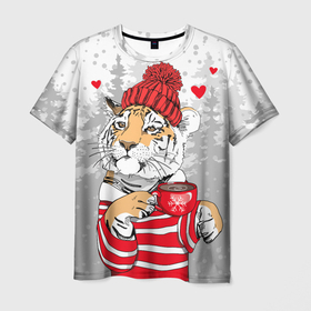 Мужская футболка 3D с принтом Тигр с чашкой кофе в Курске, 100% полиэфир | прямой крой, круглый вырез горловины, длина до линии бедер | 2022 | a cup of coffee | fir forest | happy new year | hearts | merry christmas | red hat | striped fur coat | tiger | year of the tiger | год тигра | еловый лес | красная шапка | новый год | полосатая шуба | рождество | сердца | тигр | чашка кофе