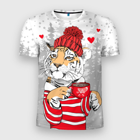 Мужская футболка 3D спортивная с принтом Тигр с чашкой кофе в Тюмени, 100% полиэстер с улучшенными характеристиками | приталенный силуэт, круглая горловина, широкие плечи, сужается к линии бедра | Тематика изображения на принте: 2022 | a cup of coffee | fir forest | happy new year | hearts | merry christmas | red hat | striped fur coat | tiger | year of the tiger | год тигра | еловый лес | красная шапка | новый год | полосатая шуба | рождество | сердца | тигр | чашка кофе